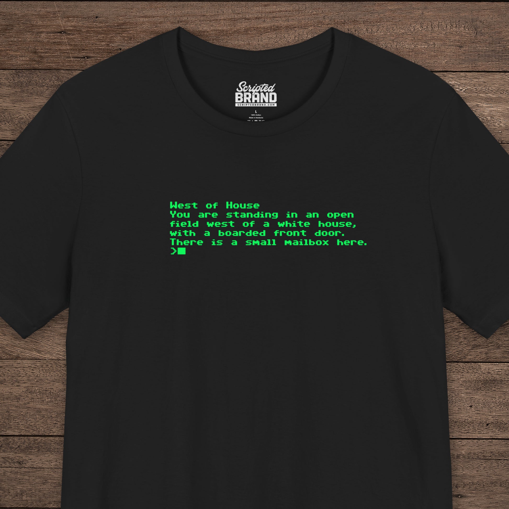 Black Bella+Canvas 3001 Zork “West of House” text adventure quote t-shirt with terminal-style neon green text