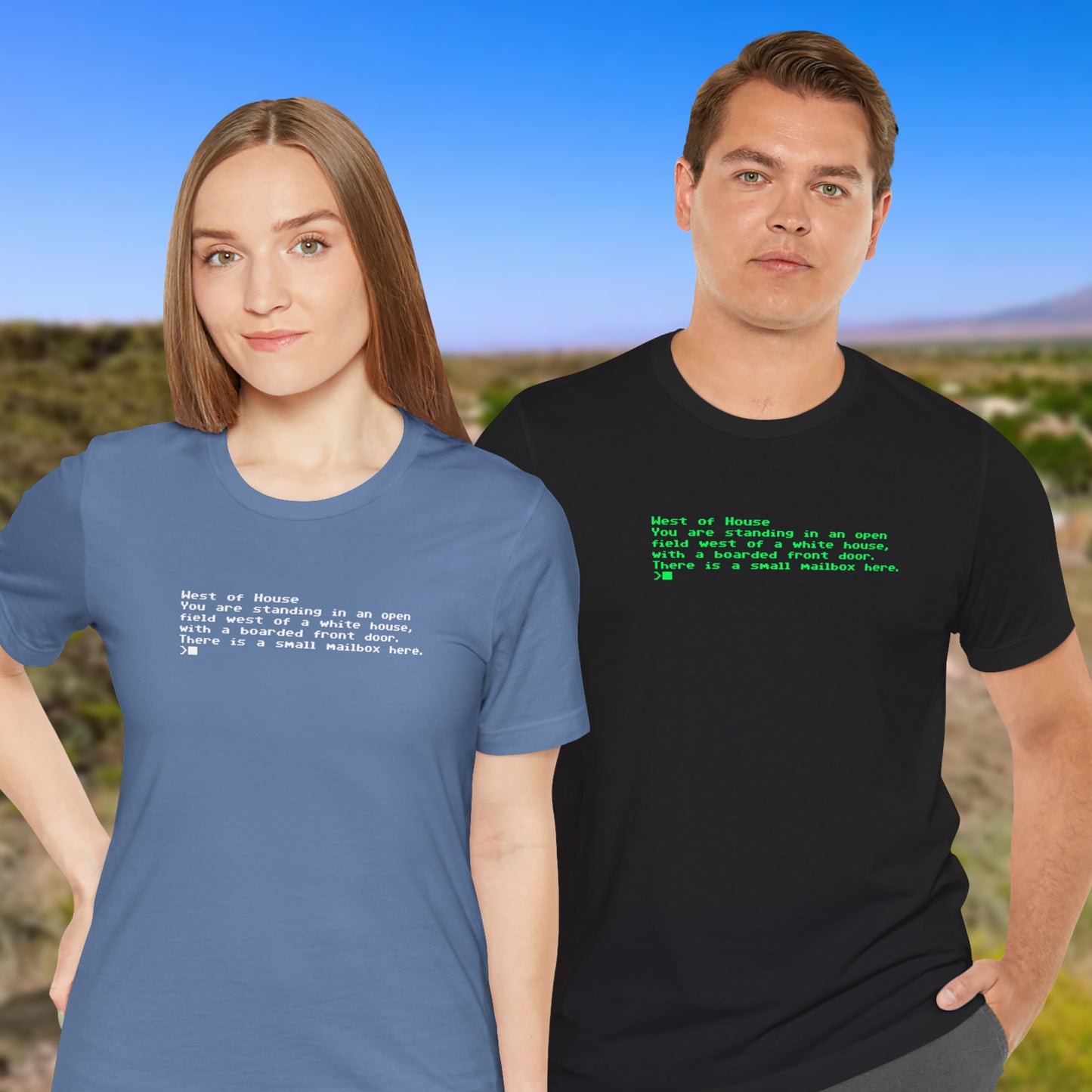 Two people wearing Bella+Canvas 3001 Zork “West of House” text adventure quote t-shirts with terminal-style printed text