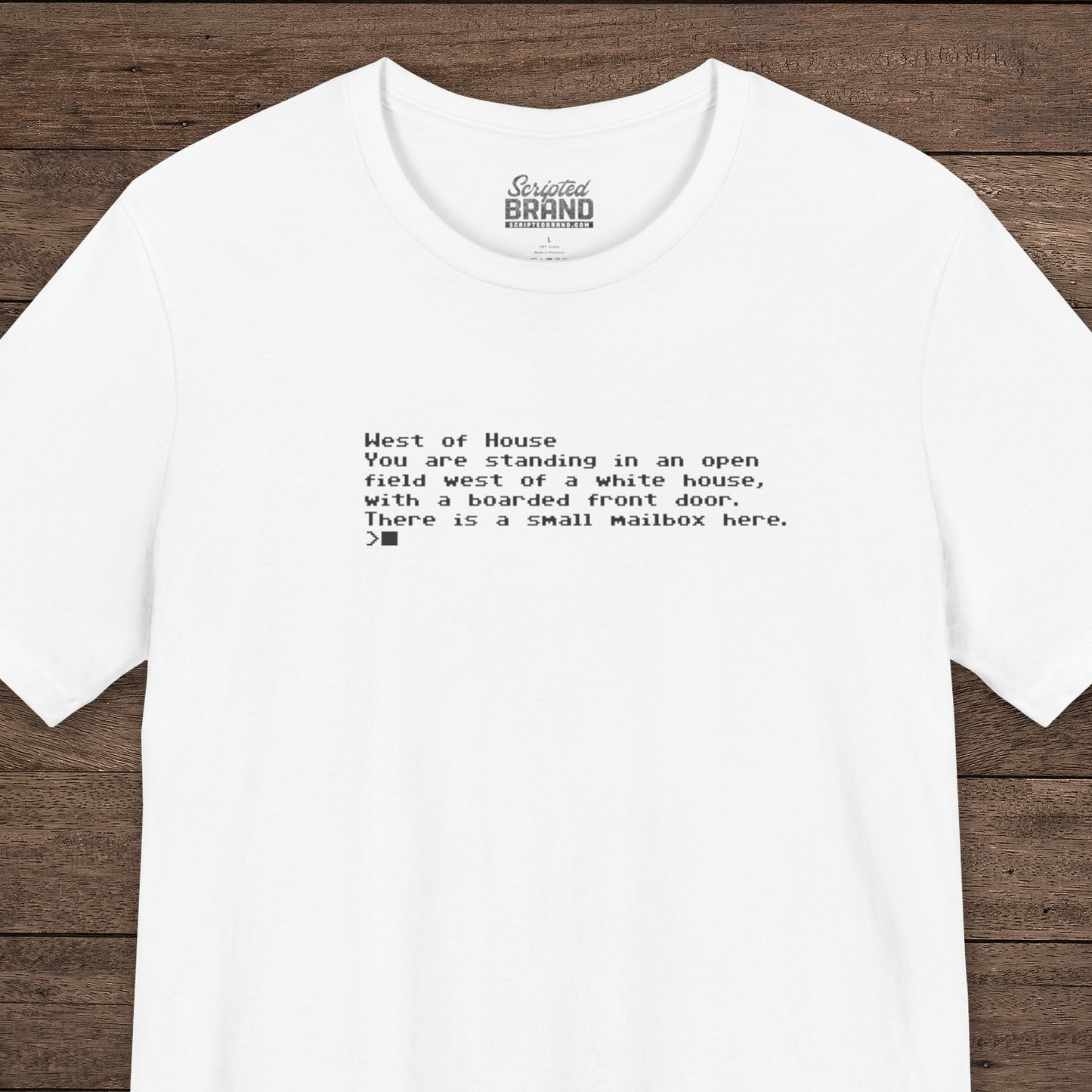 White Bella+Canvas 3001 Zork “West of House” text adventure quote t-shirt with terminal-style printed text