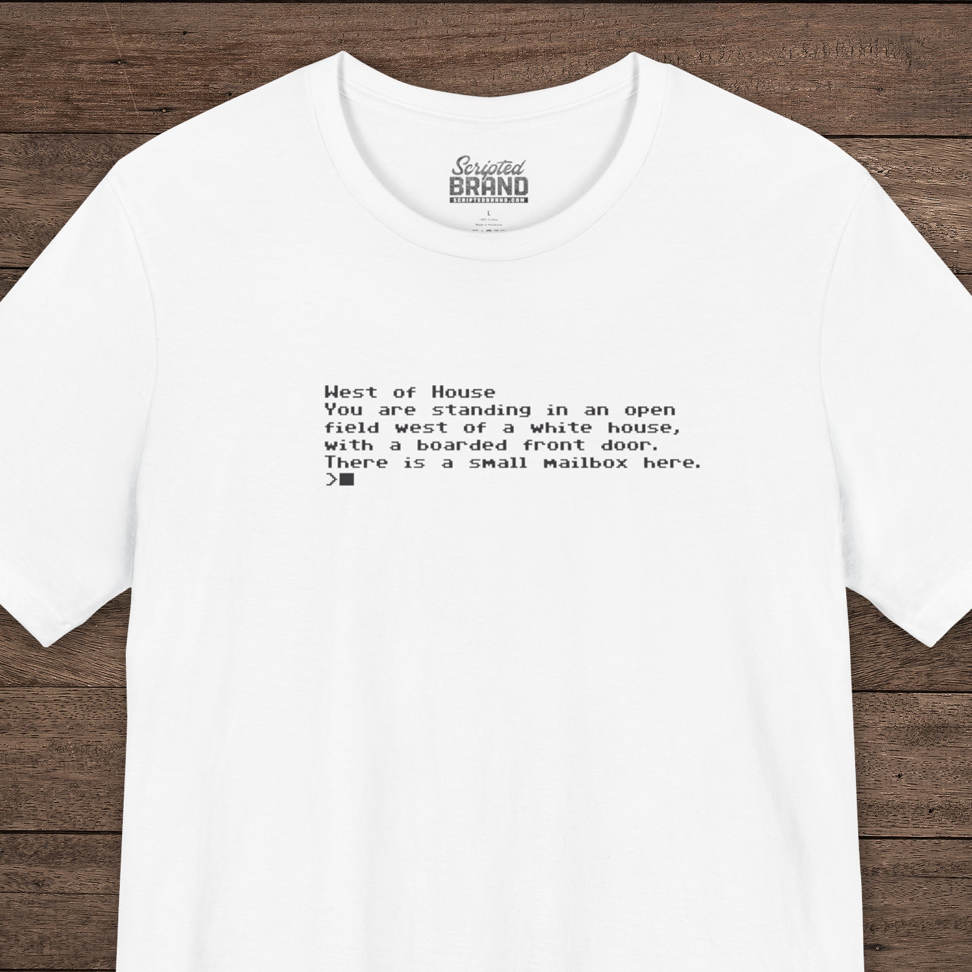 White Bella+Canvas 3001 Zork “West of House” text adventure quote t-shirt with terminal-style printed text