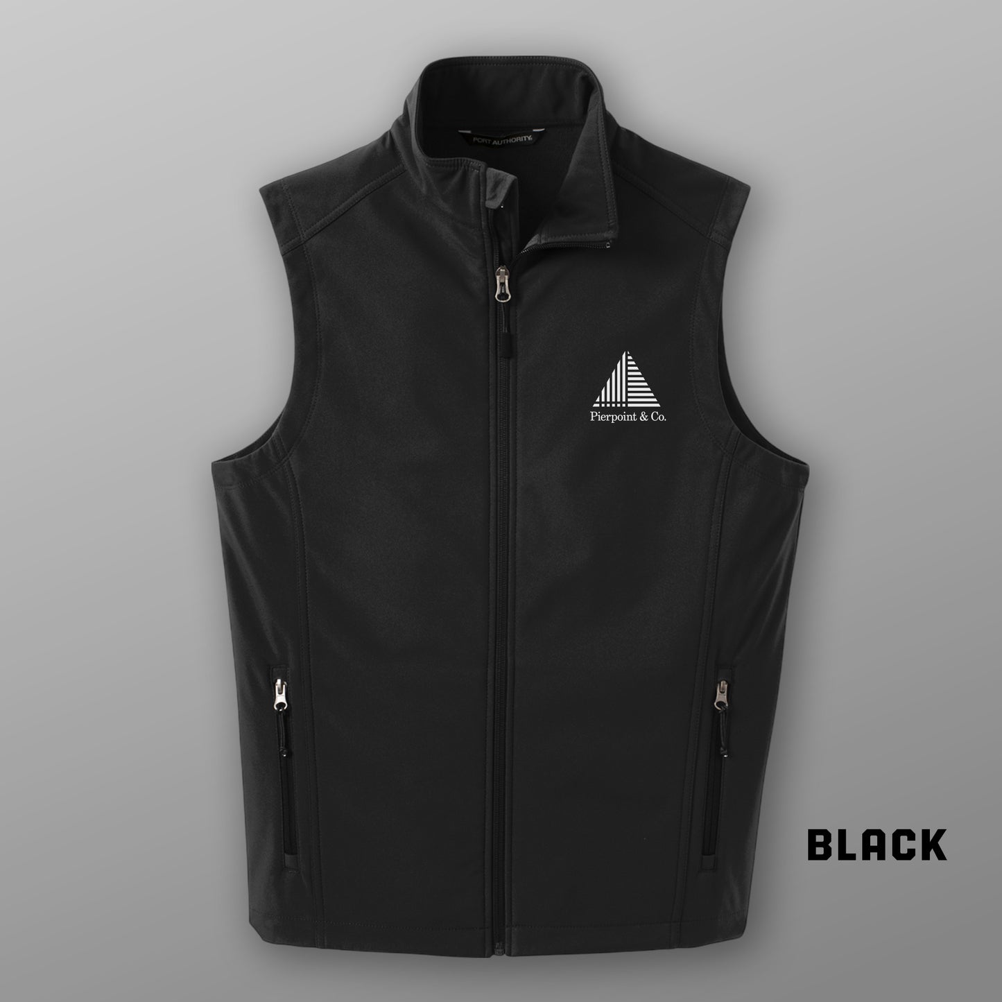 Front view of Black Port Authority J325 soft shell vest with white Pierpoint & Co logo embroidery, inspired by Industry.