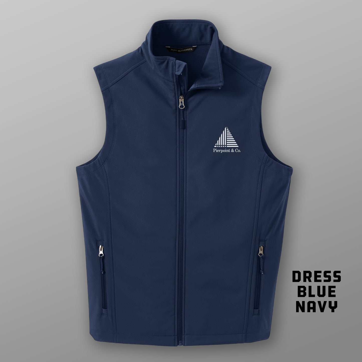Front view of Navy Blue Port Authority J325 soft shell vest with white Pierpoint & Co logo embroidery, inspired by Industry.