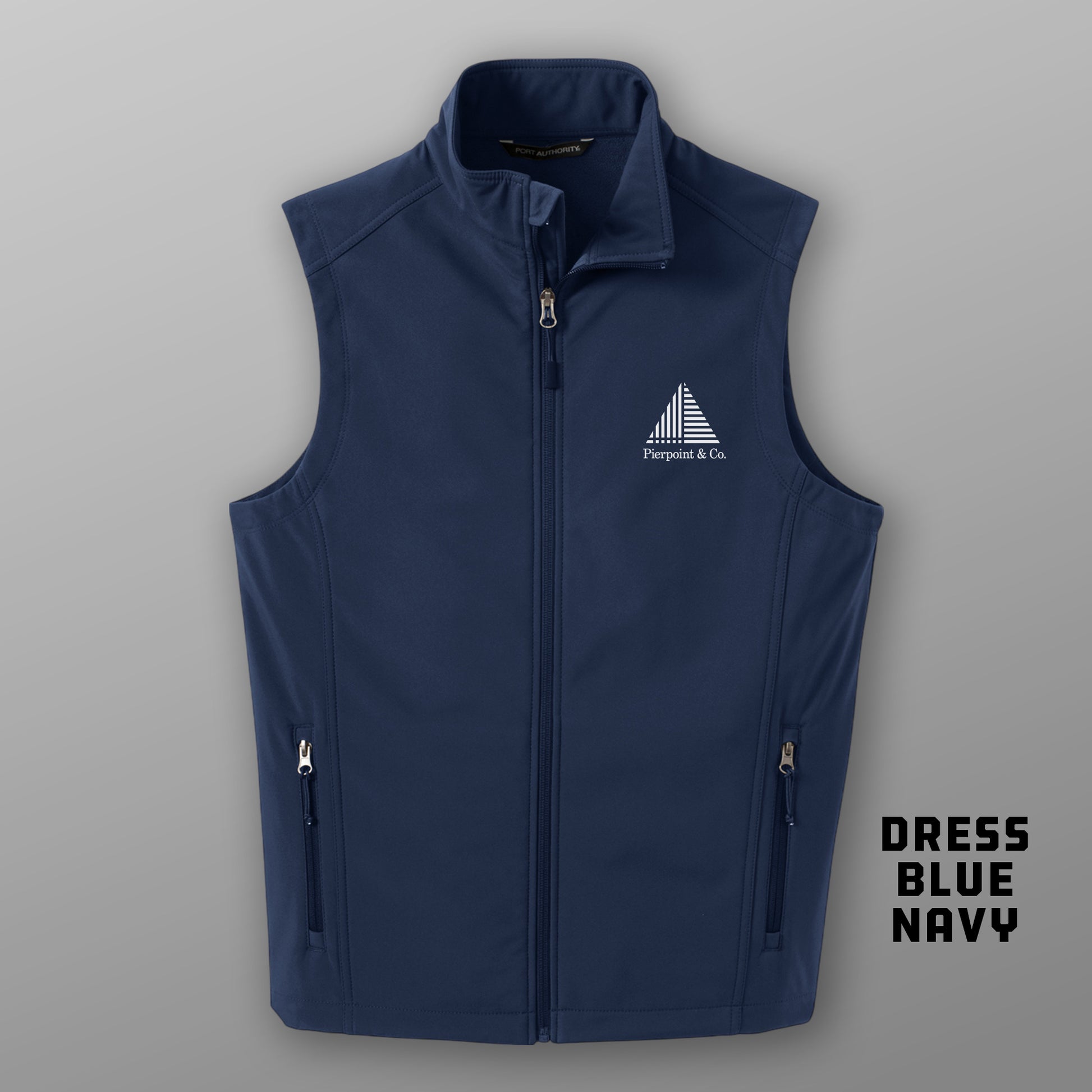 Front view of Navy Blue Port Authority J325 soft shell vest with white Pierpoint & Co logo embroidery, inspired by Industry.