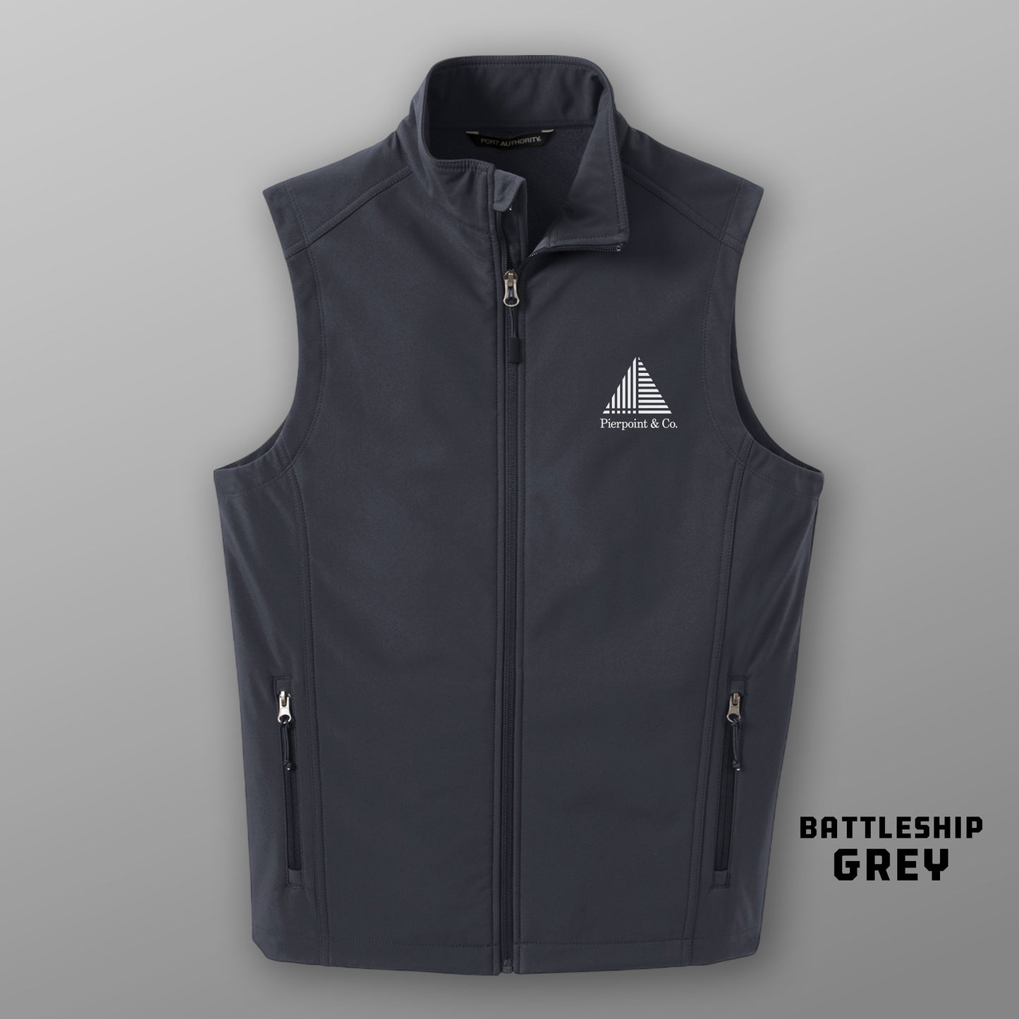 Front view of battleship grey Port Authority J325 soft shell vest with white Pierpoint & Co logo embroidery, inspired by Industry.