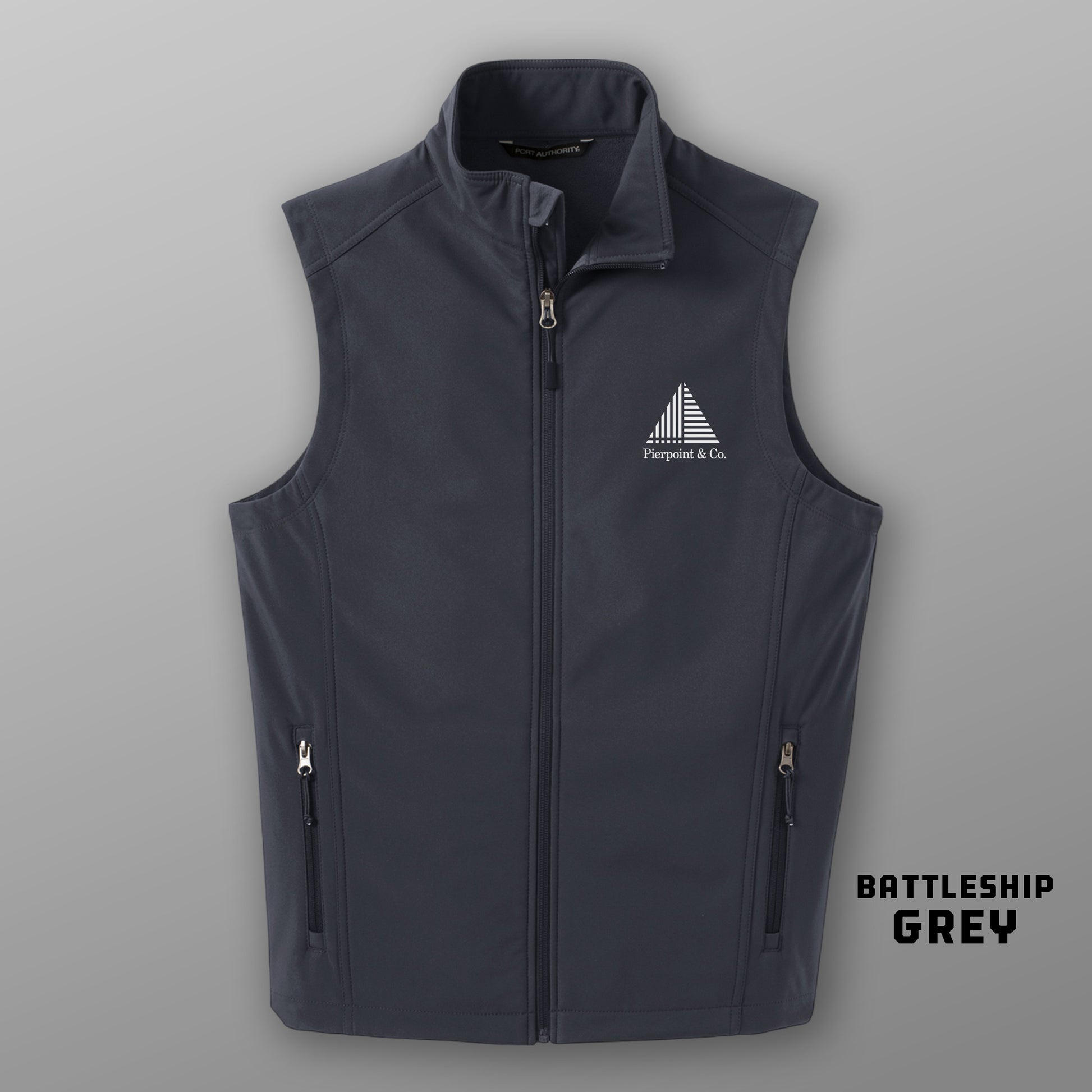 Front view of battleship grey Port Authority J325 soft shell vest with white Pierpoint & Co logo embroidery, inspired by Industry.