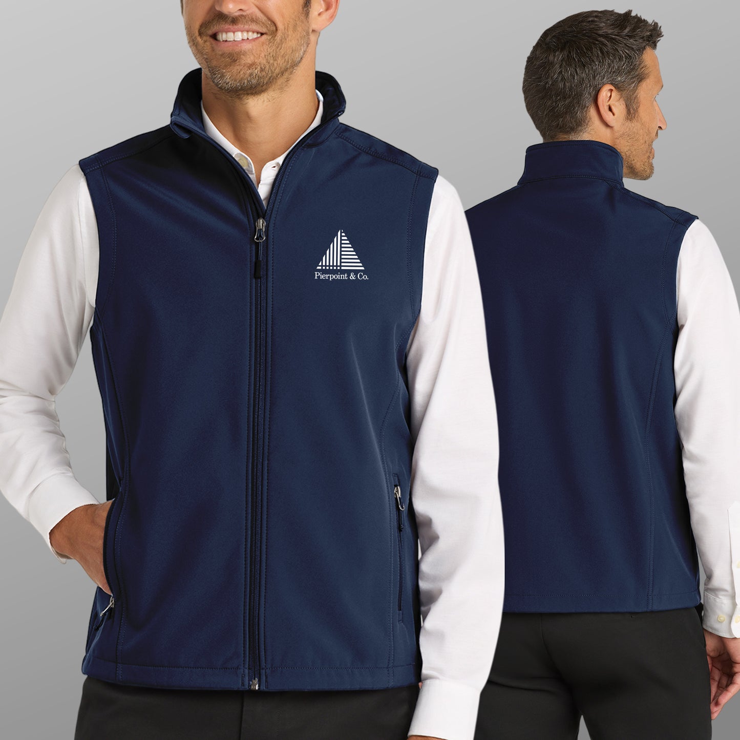 Man wearing Navy Blue Port Authority J325 soft shell vest with white Pierpoint & Co logo embroidery, inspired by Industry.