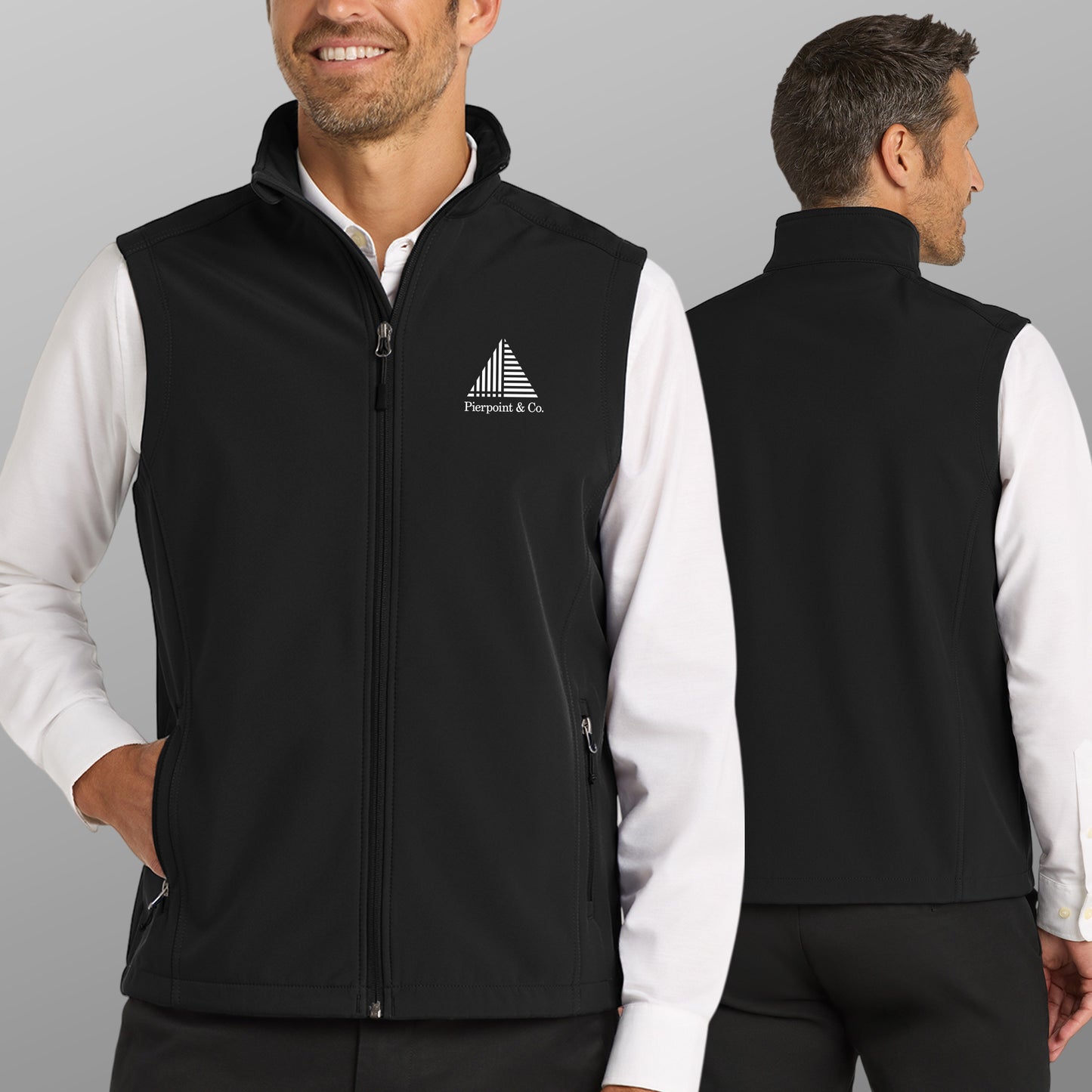 Man wearing Black Port Authority J325 soft shell vest with white Pierpoint & Co logo embroidery, inspired by Industry.