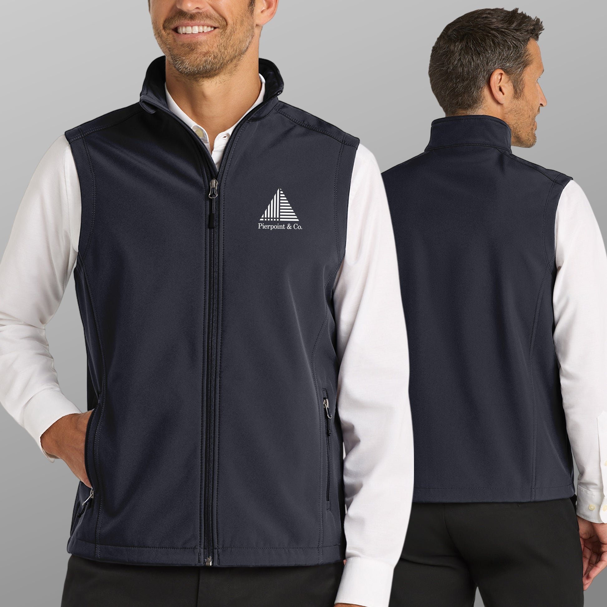 Man wearing grey Port Authority J325 soft shell vest with white Pierpoint & Co logo embroidery, inspired by Industry.