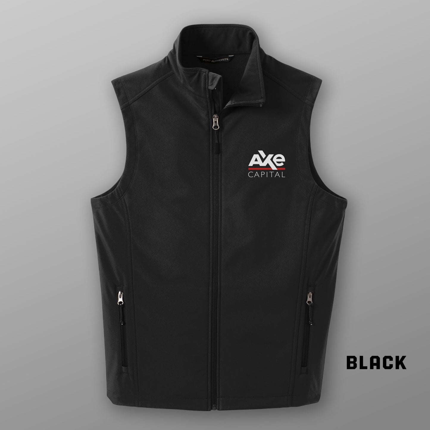 Front view of black Port Authority J325 soft shell vest with Axe Capital logo embroidery, inspired by Billions tv show.