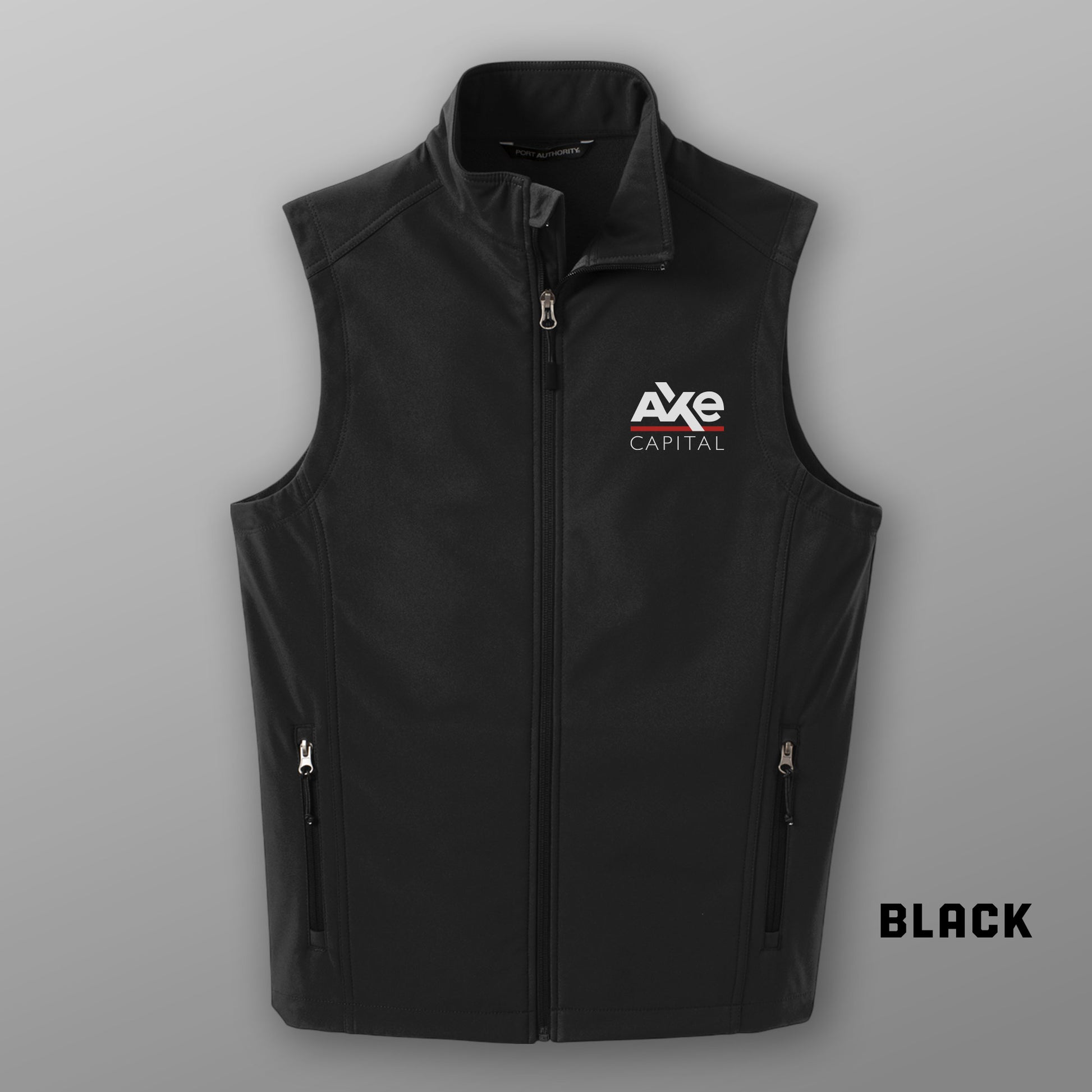 Front view of black Port Authority J325 soft shell vest with Axe Capital logo embroidery, inspired by Billions tv show.