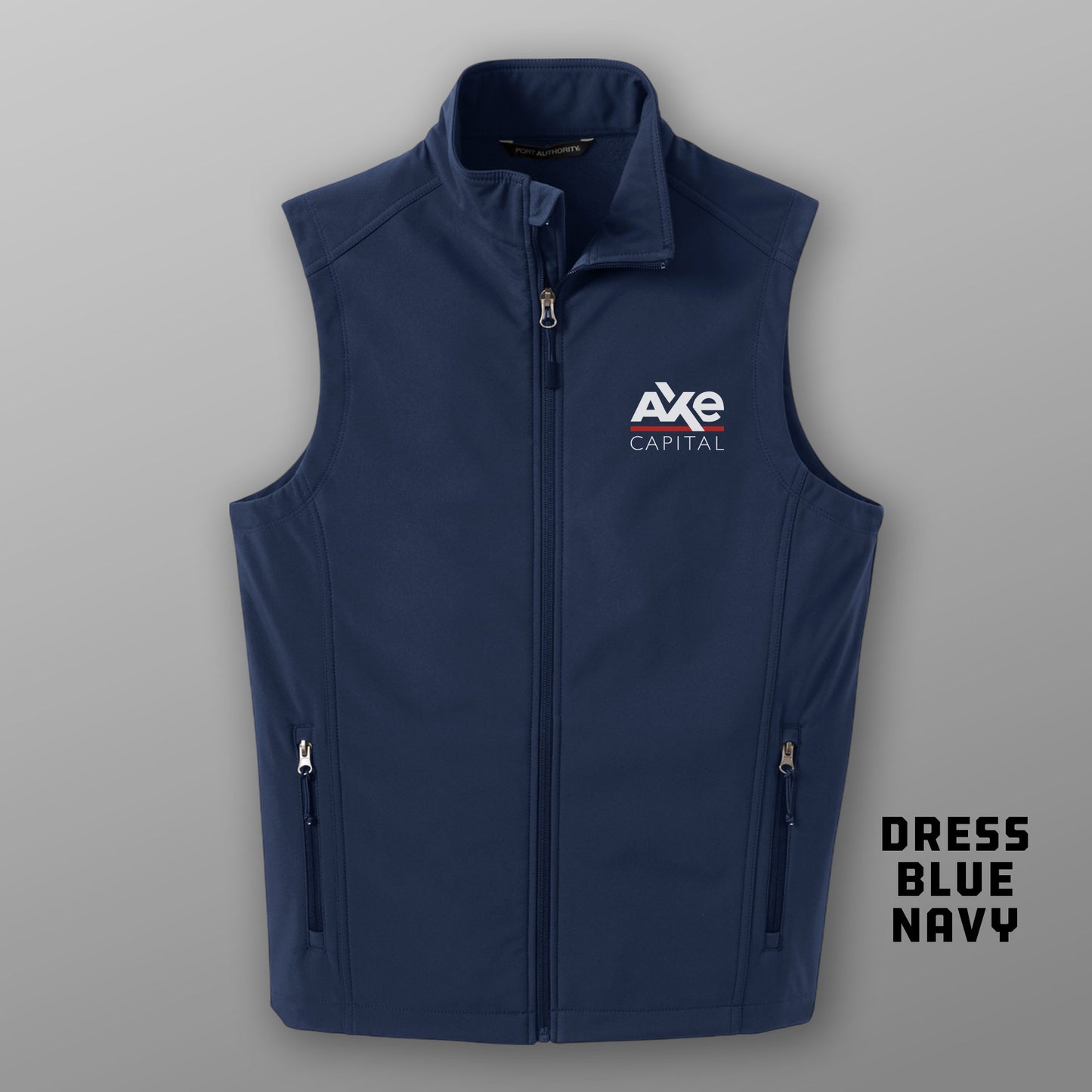 Front view of blue Port Authority J325 soft shell vest with Axe Capital logo embroidery, inspired by Billions tv show.