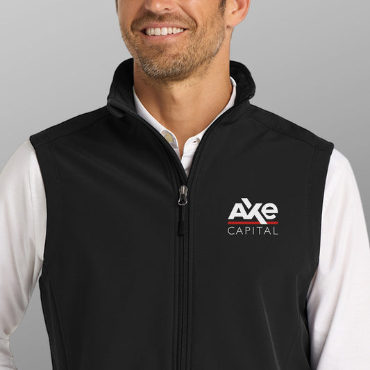 Closeup of man wearing black Port Authority J325 soft shell vest with Axe Capital logo embroidery, inspired by Billions tv show.