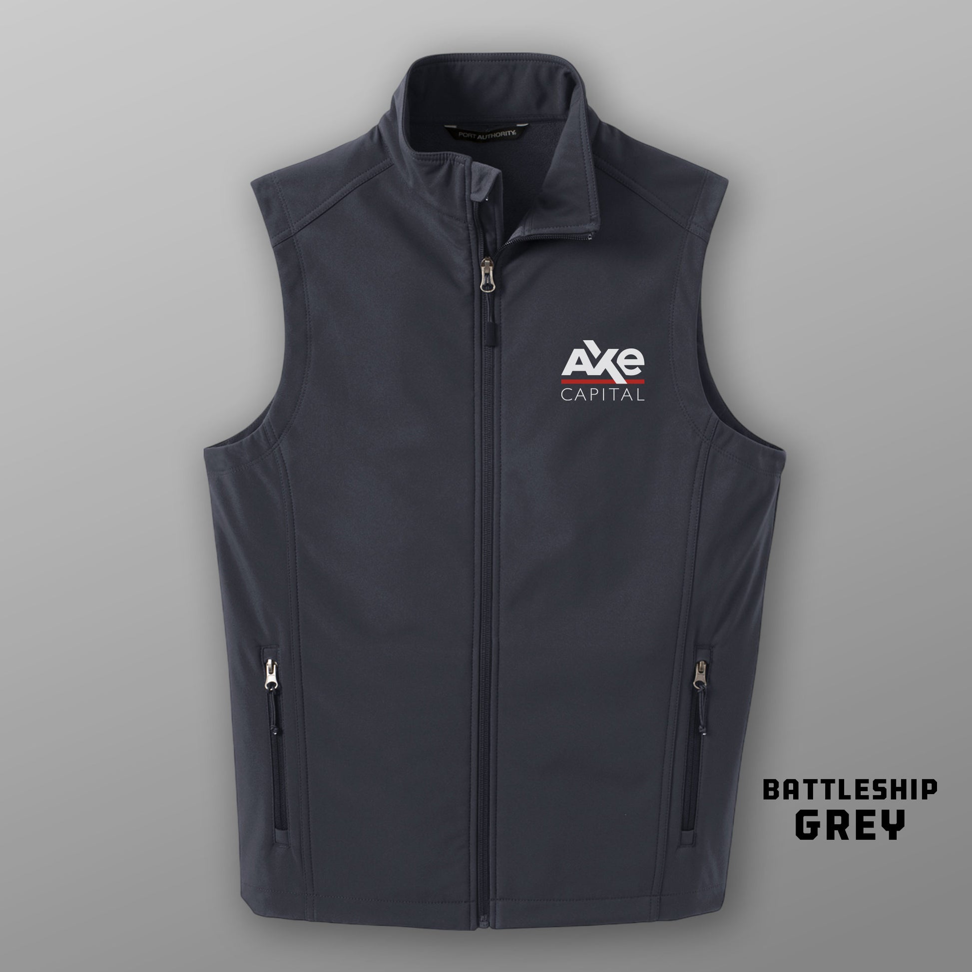 Front view of grey Port Authority J325 soft shell vest with Axe Capital logo embroidery, inspired by Billions tv show.