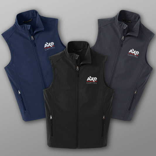 Group of three Port Authority J325 soft shell vests with Axe Capital logo embroidery, inspired by Billions tv show.