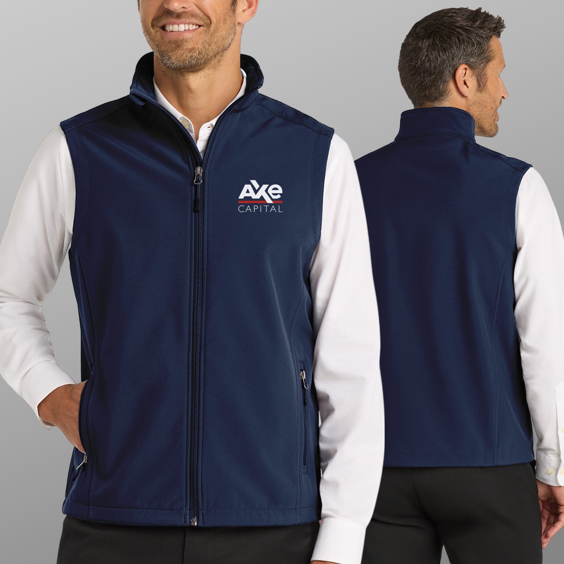 Front and back view of man wearing blue Port Authority J325 vest with Axe Capital logo embroidery, inspired by Billions tv show.