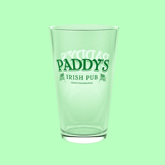 16 ounce clear pint glass with the Paddy's Pub logo from the TV Show Its Always Sunny in Philadelphia printed on both sides