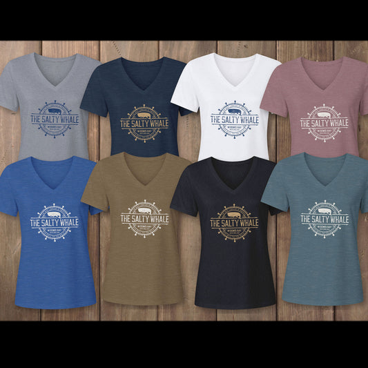Eight womens v-neck tees with vintage The Salty Whale nautical crest inspired by Widow's Bay show