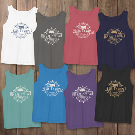 Eight garment-dyed tank tops with vintage Widow's Bay The Salty Whale nautical crest design