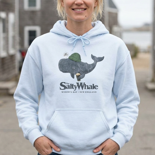 Person wearing light blue 'The Salty Whale' cartoon mascot hoodie inspired by Widow's Bay Apple TV series, heavy blend pullover sweatshirt