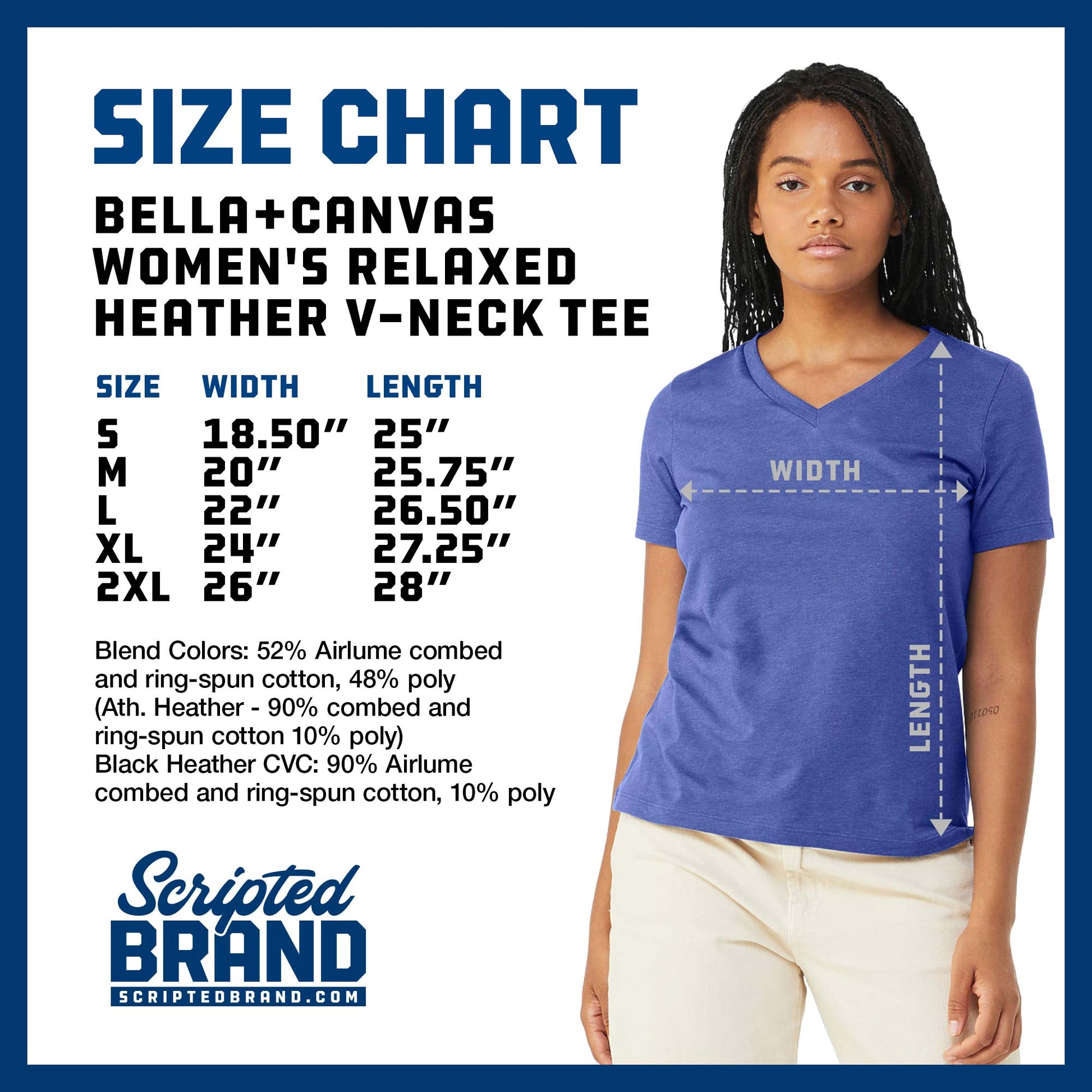 Size Chart of the Bella+Canvas 6405CVC women's short-sleeve Relaxed Heather CVC V-Neck Tee sold by ScriptedBrand.
