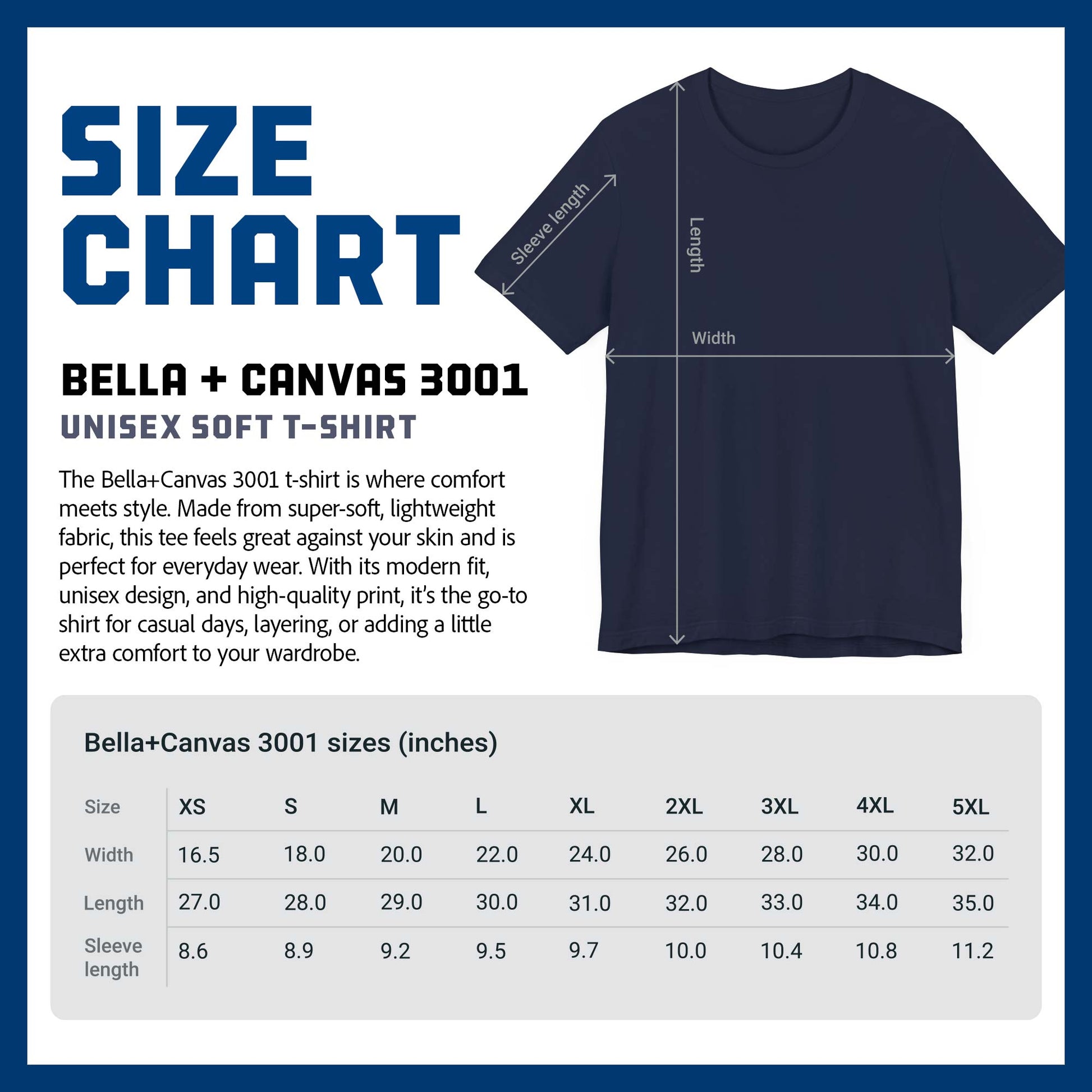 Size chart of soft Bella+Canvas 3001 shirtsleeve t-shirts sold by ScriptedBrand.