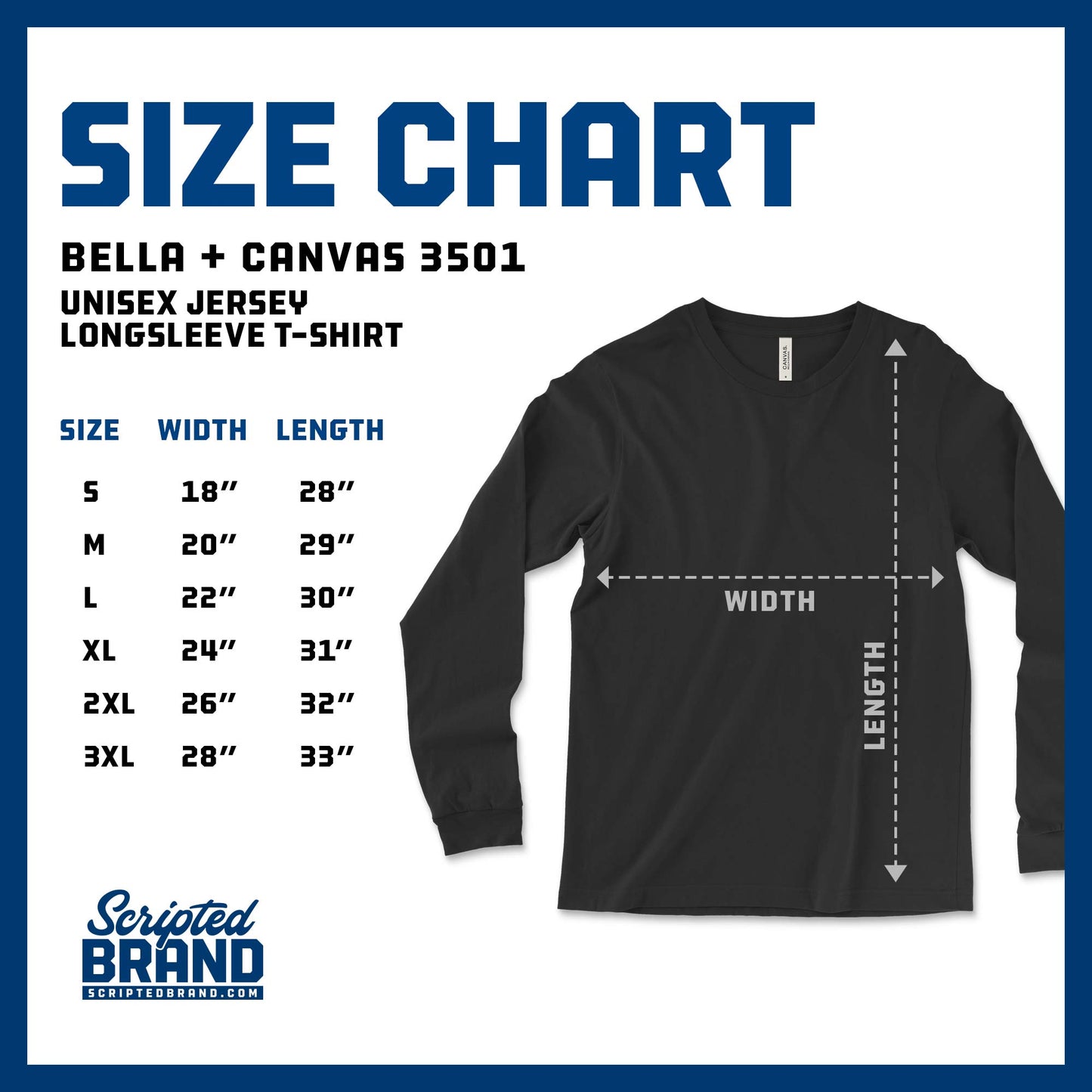 Size Chart of the Bella+Canvas 3501 Unisex Jersey Soft Long-sleeve t-shirt
sold by ScriptedBrand.