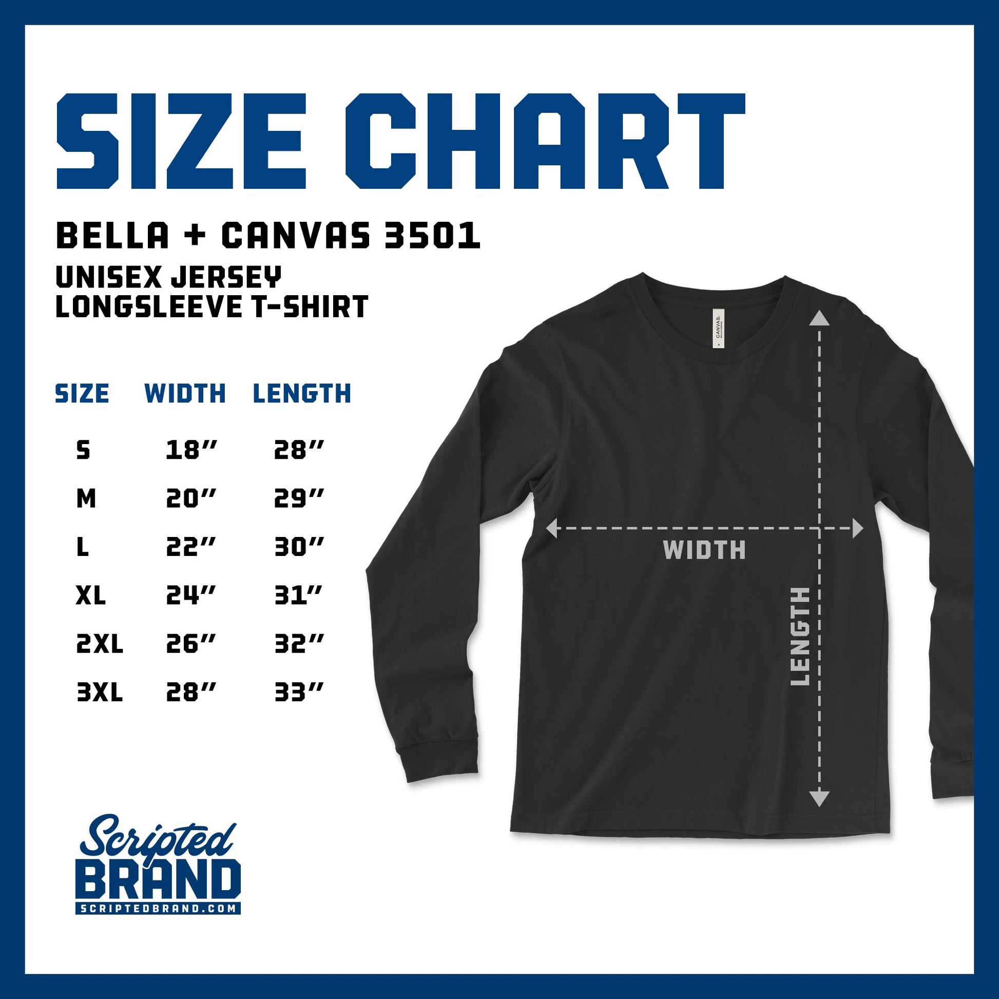 Size Chart of the Bella+Canvas 3501 Unisex Jersey Soft Long-sleeve t-shirt
sold by ScriptedBrand.