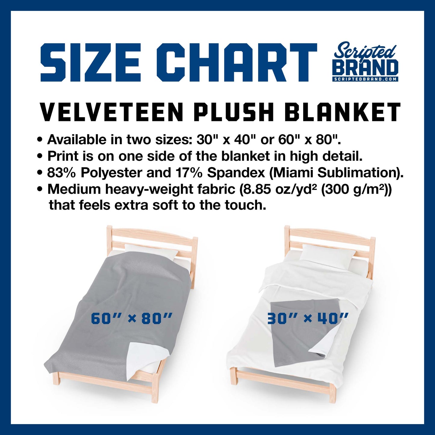 Size Chart of the Velveteen Plush Blankets sold by ScriptedBrand.
