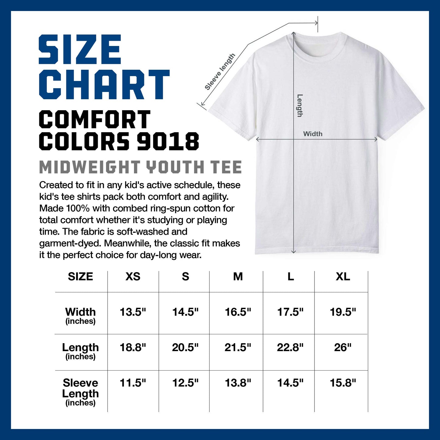 Size Chart of the Comfort Colors 9018 Medium-weight Youth Tee sold by ScriptedBrand.
