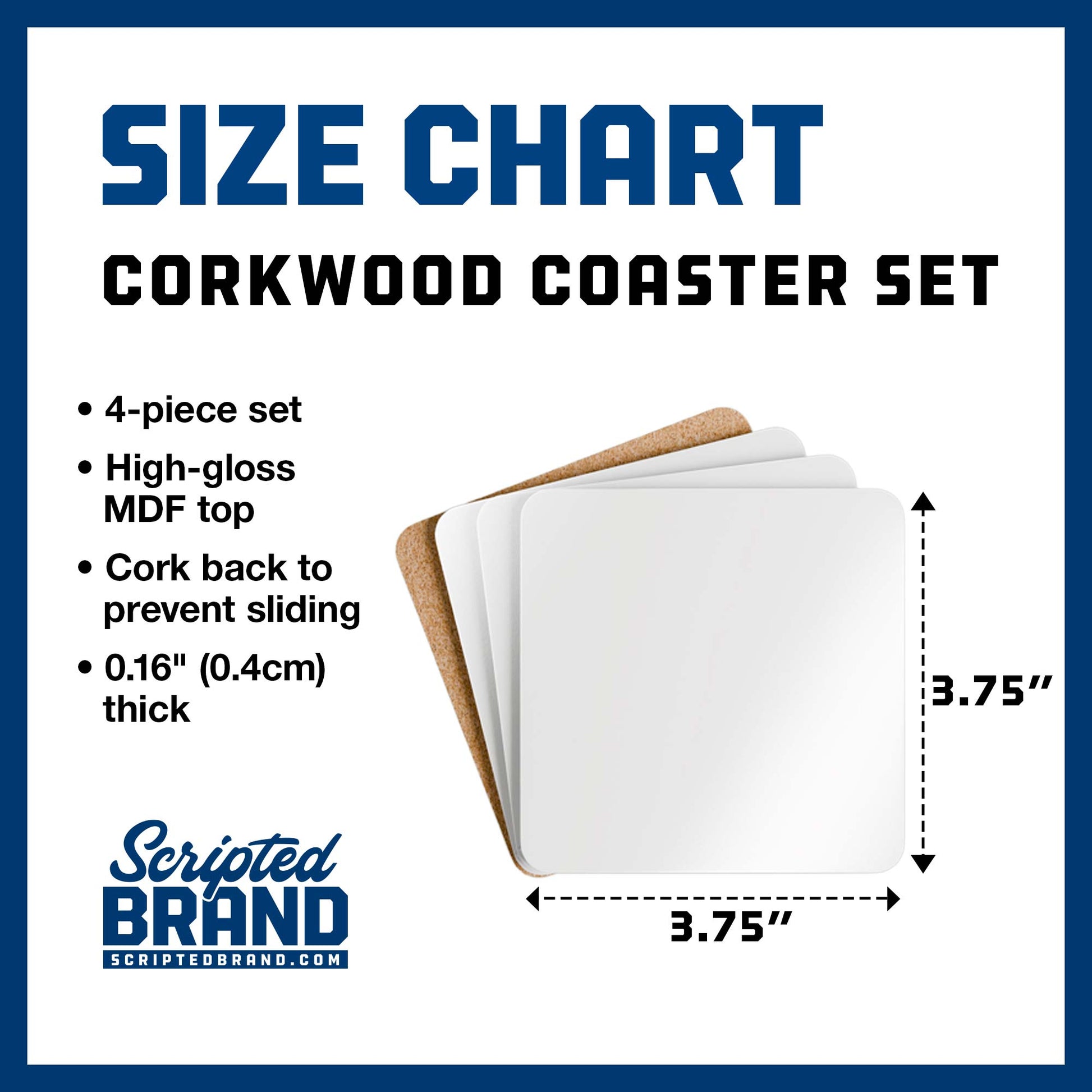 Size Chart of the Corkwood Coaster Set of 4, sold by ScriptedBrand.