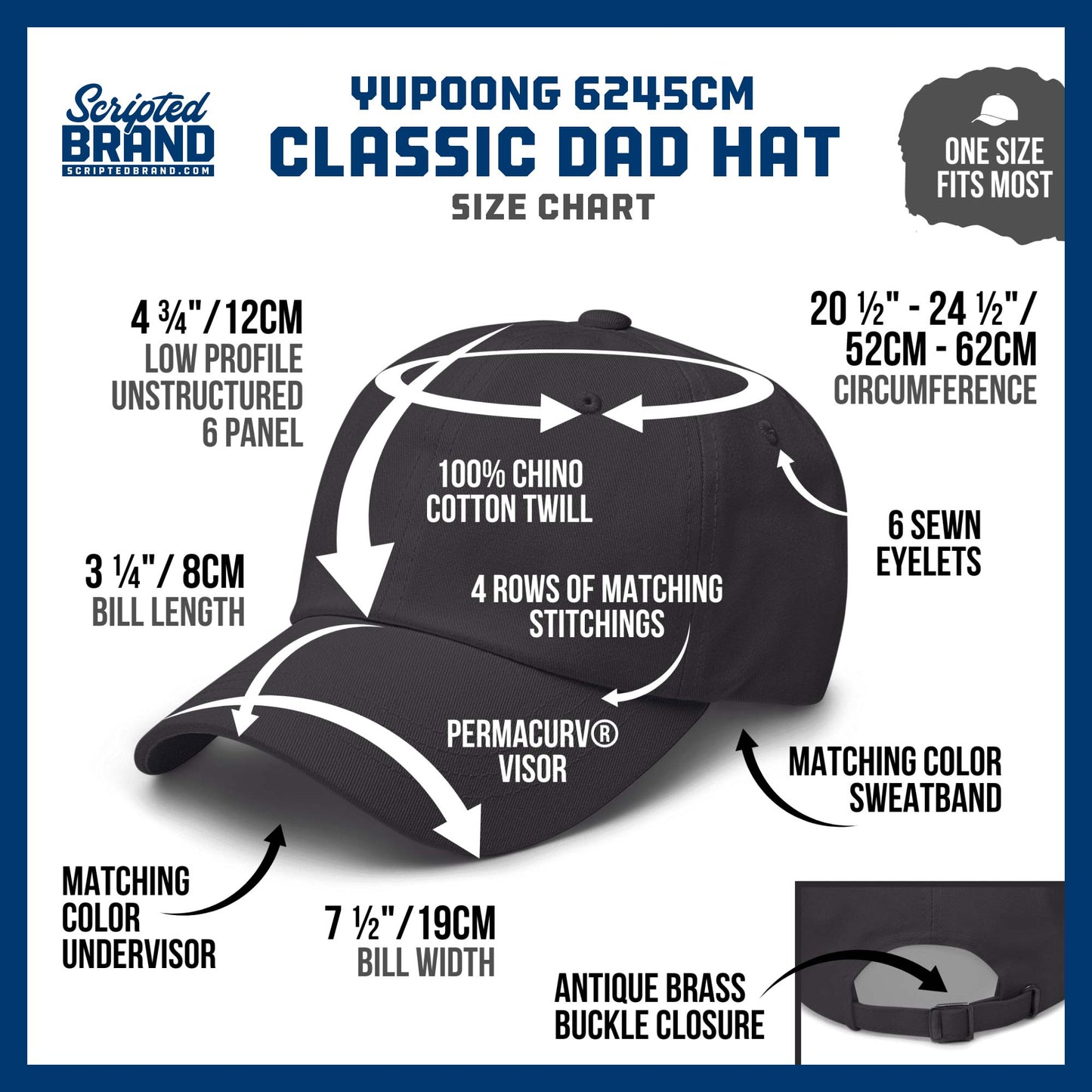Size chart of a Yupoong 6245CM Classic Dad Cap Baseball Hat with embroidery sold by ScriptedBrand. 