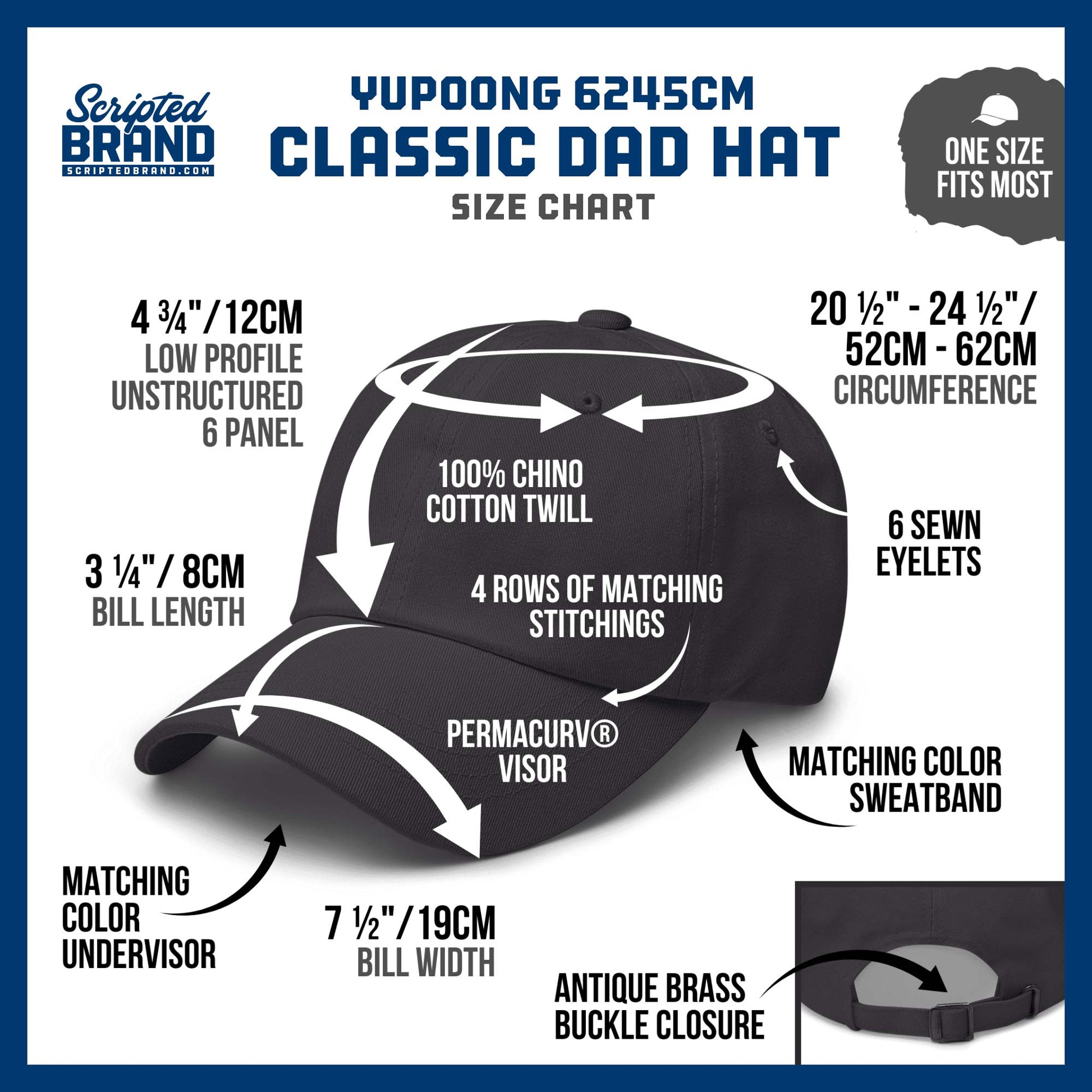 Size chart of a Yupoong 6245CM Classic Dad Cap Baseball Hat with embroidery sold by ScriptedBrand. 