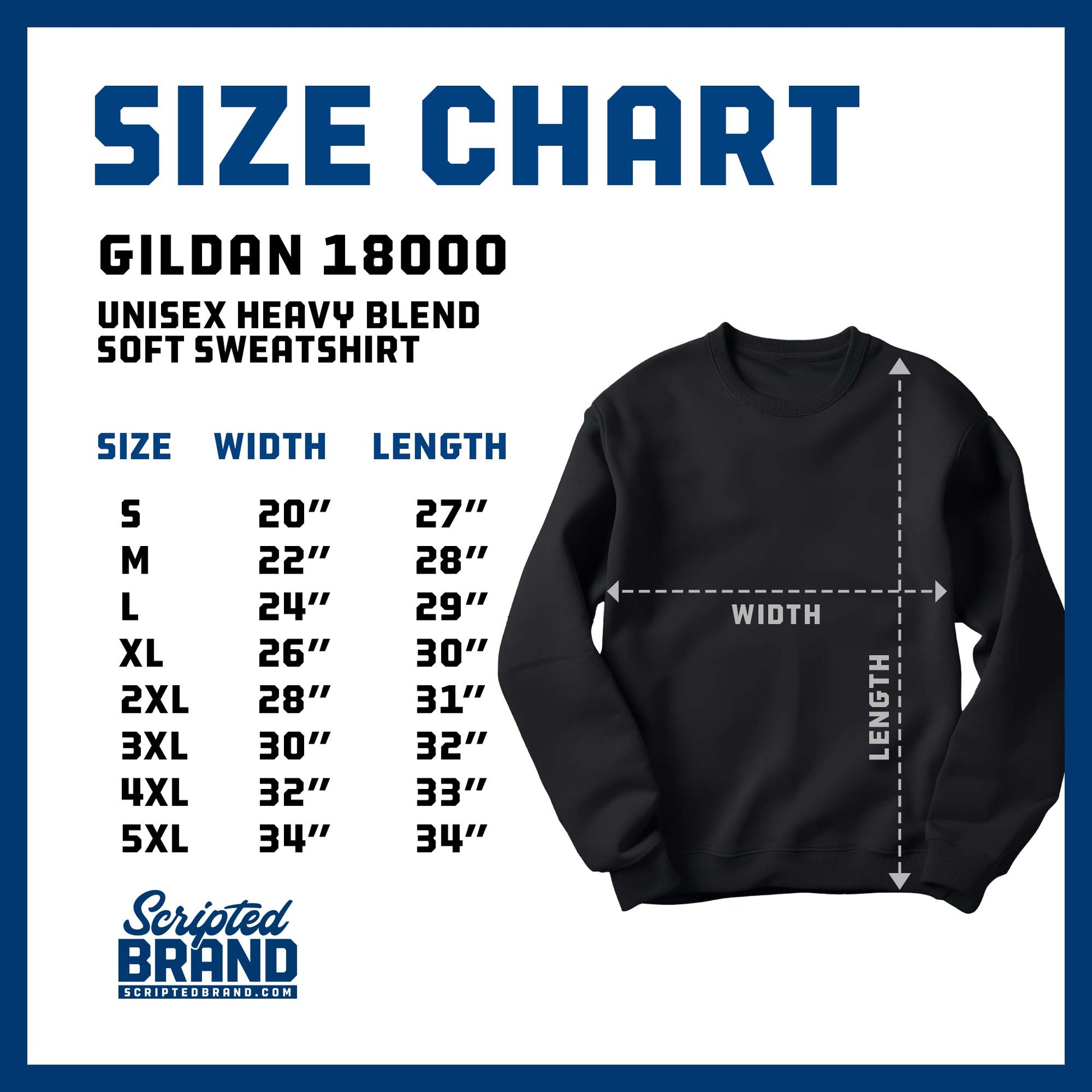 Size chart of the Gildan 18000 crew neck sweatshirt sold by ScriptedBrand