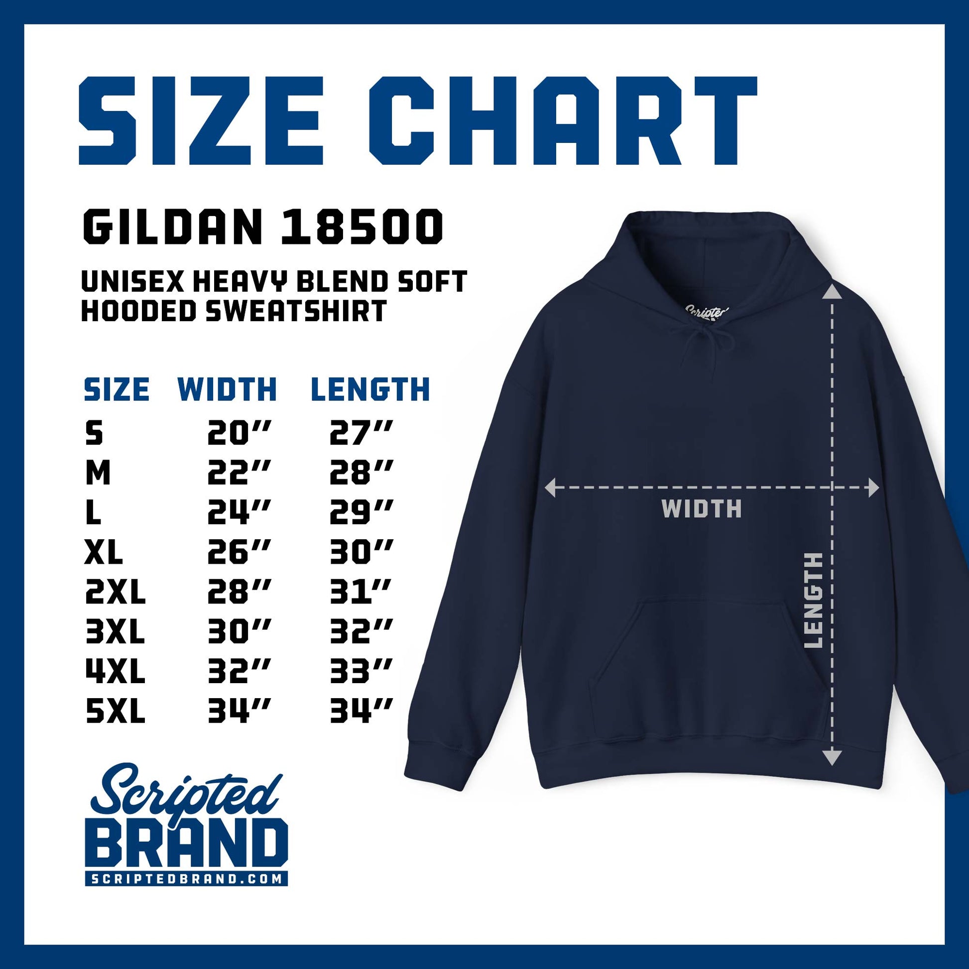 Size chart of Soft Unisex Heavy Blend Hooded Sweatshirts sold by ScriptedBrand.