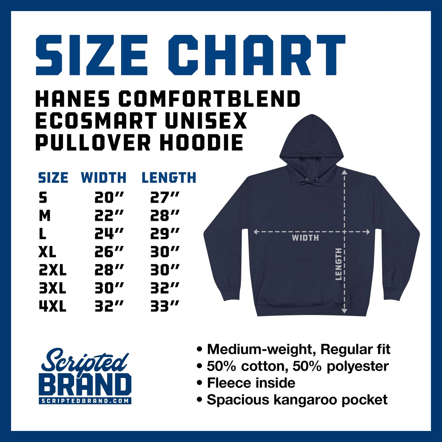 Size Chart of the Hanes P170 ComfortBlend EcoSmart unisex pullover hoodie sweatshirt sold by ScriptedBrand.