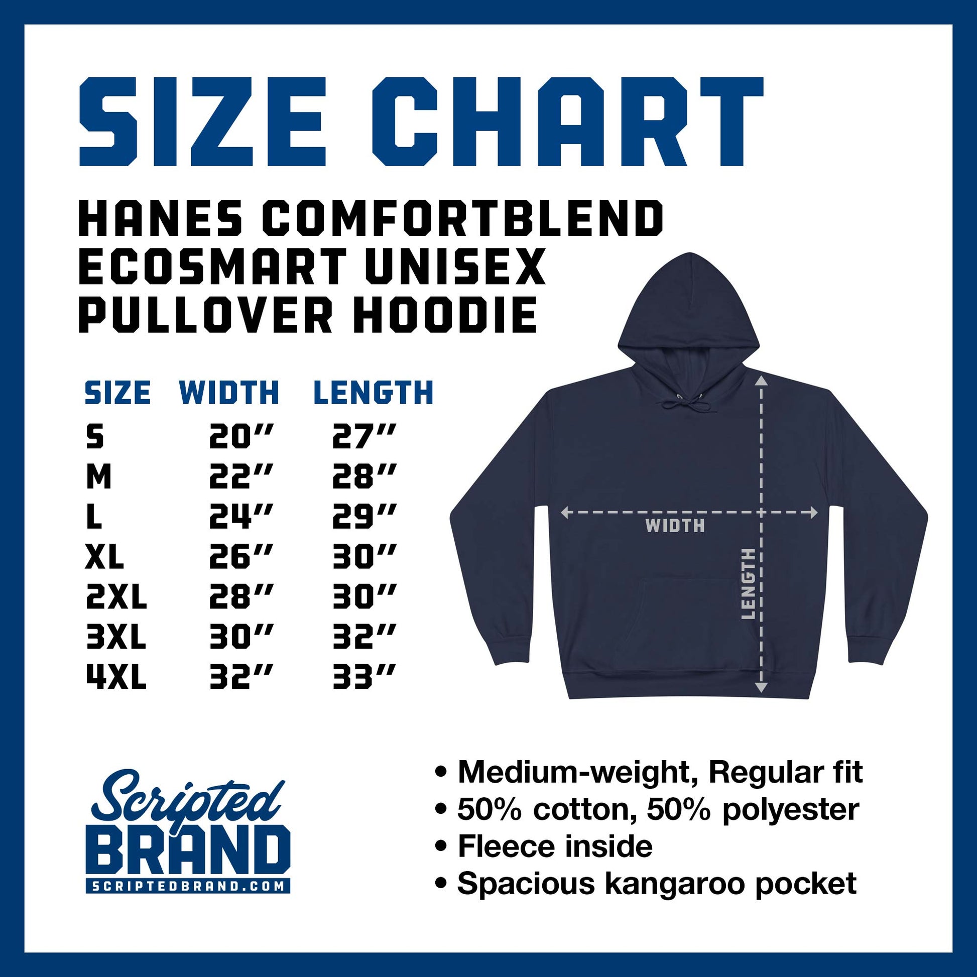 Size Chart of the Hanes P170 ComfortBlend EcoSmart unisex pullover hoodie sweatshirt sold by ScriptedBrand.