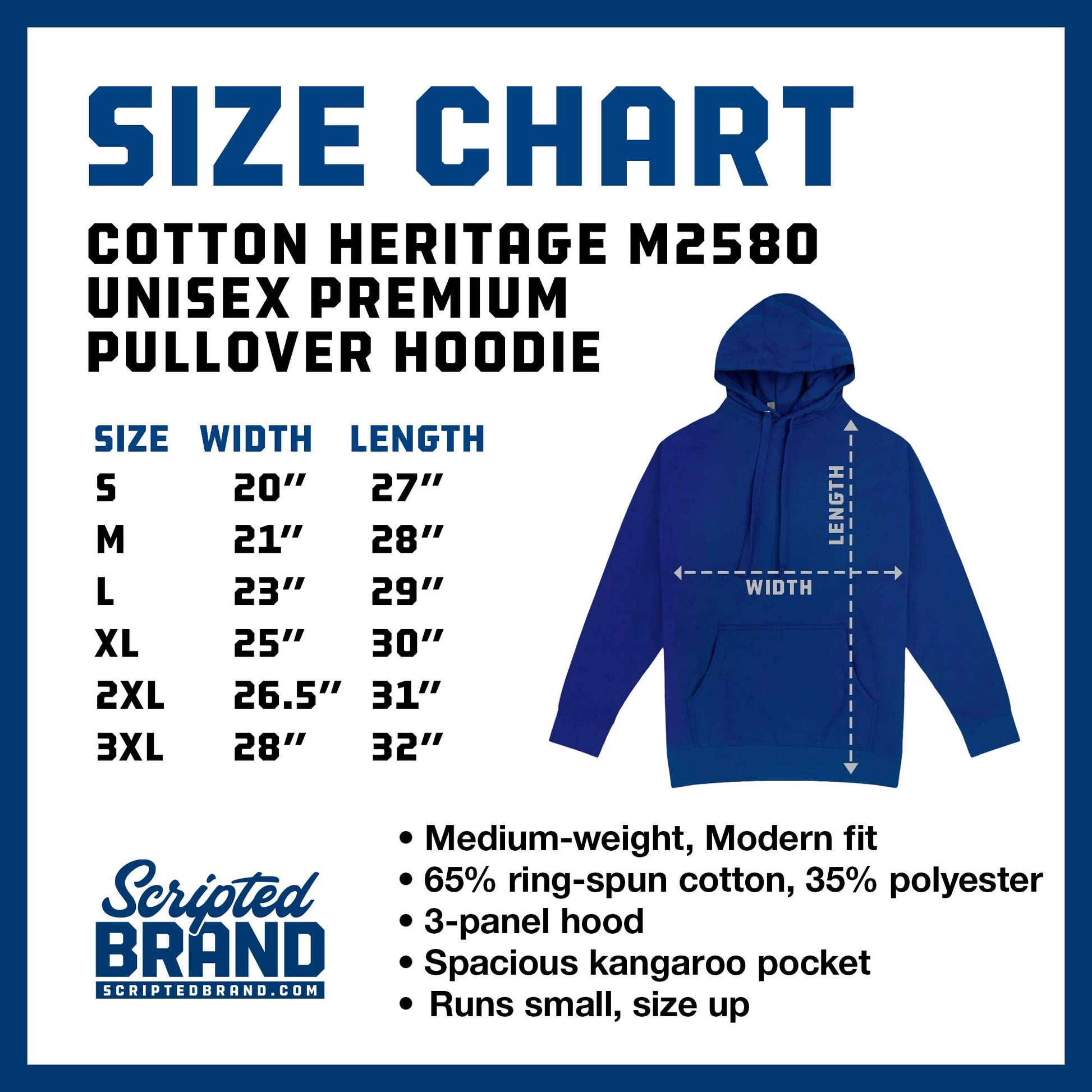 Size Chart of the Cotton Heritage M2580 Unisex Premium Pullover Hoodie sold by ScriptedBrand.