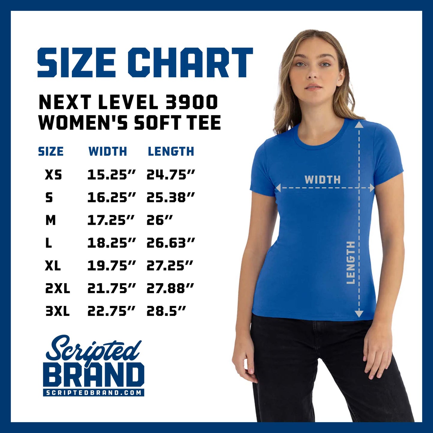 Size Chart of the Next Level 3900 Women's Soft Cotton Short-sleeve T-Shirt Boyfriend Tee sold by ScriptedBrand.