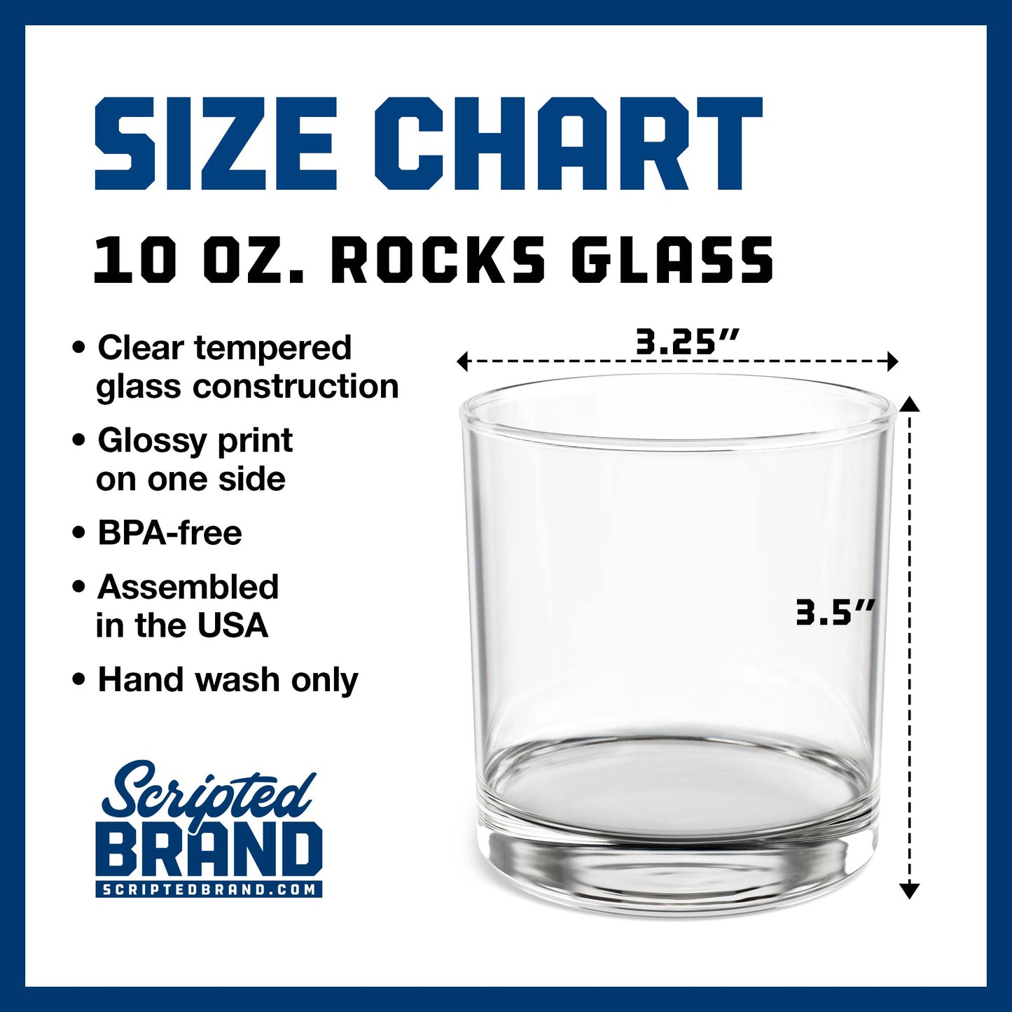 Size Chart for a 10-ounce lowball rocks glass, sold by ScriptedBrand.