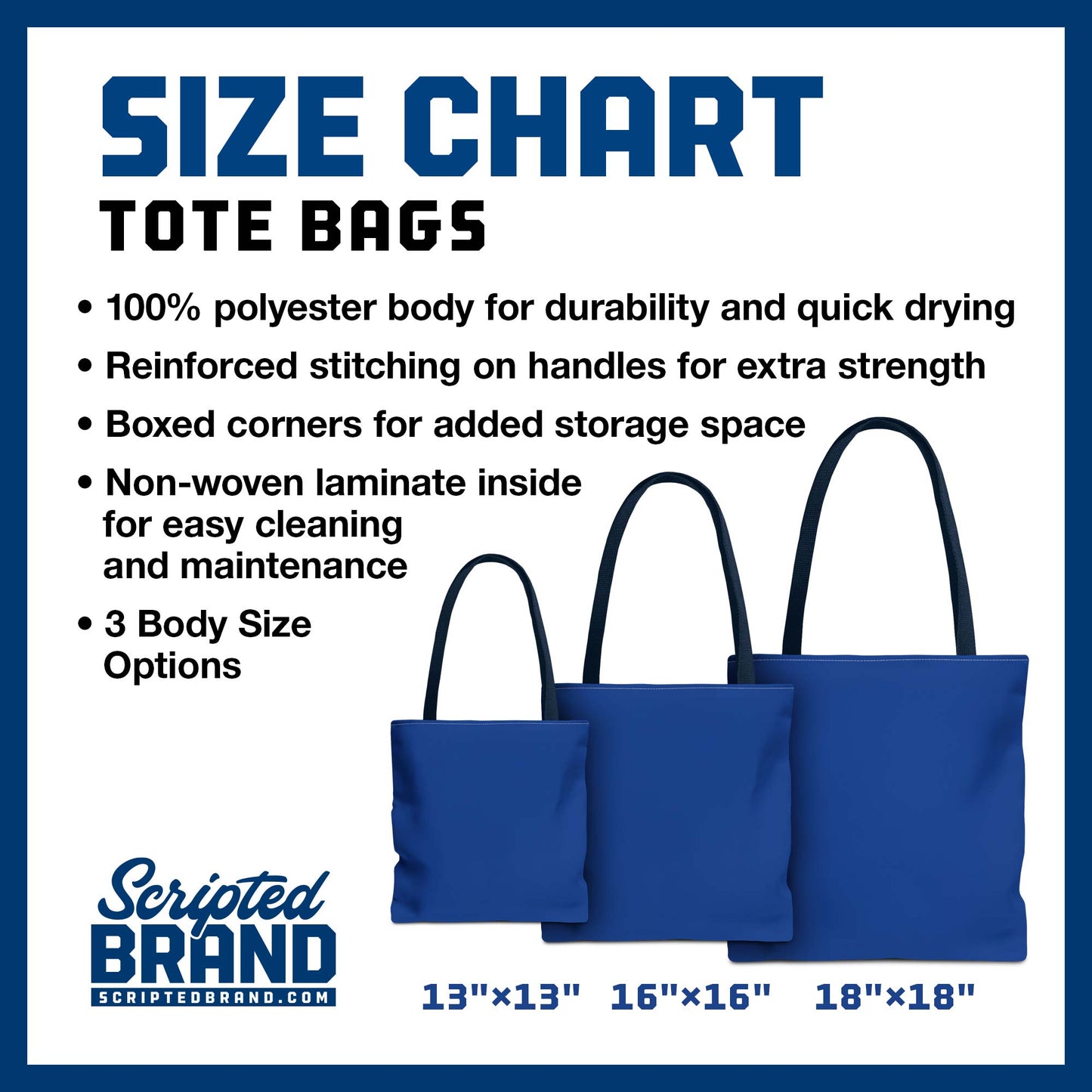 Size Chart of blue tote bags and handbags sold by ScriptedBrand.
