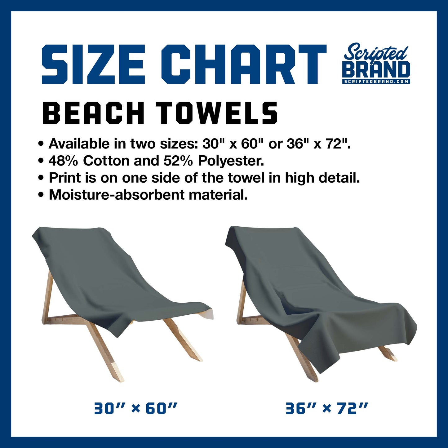 Size Chart of the Beach Towels sold by ScriptedBrand.