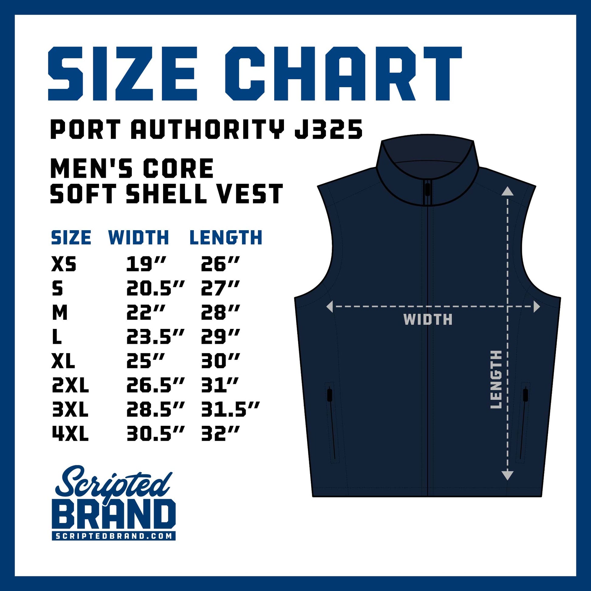 Size chart for Port Authority J325 Men's Core Soft Shell Vest with vest illustration and measurement details.