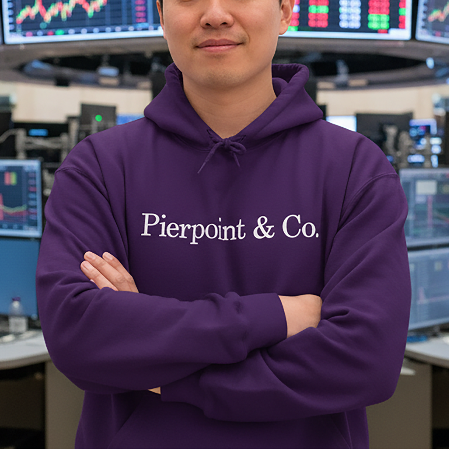 Man wearing purple hoodie sweatshirt with the Pierpoint & Co logo worn by Eric Tao in the HBO TV show Industry, shown in London financial setting.