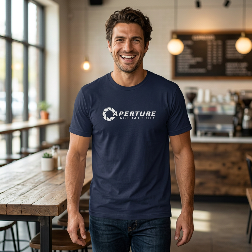 Person wearing Navy blue Bella Canvas t-shirt with the Aperture Laboratories logo from the video game Portal and Portal 2 in a vintage distressed style.