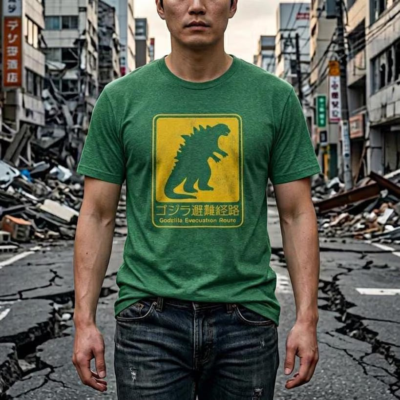 Man wearing Heather green Godzilla Evacuation Route distressed graphic t-shirt inspired by Monarch Legacy of Monsters, soft Bella+Canvas tee