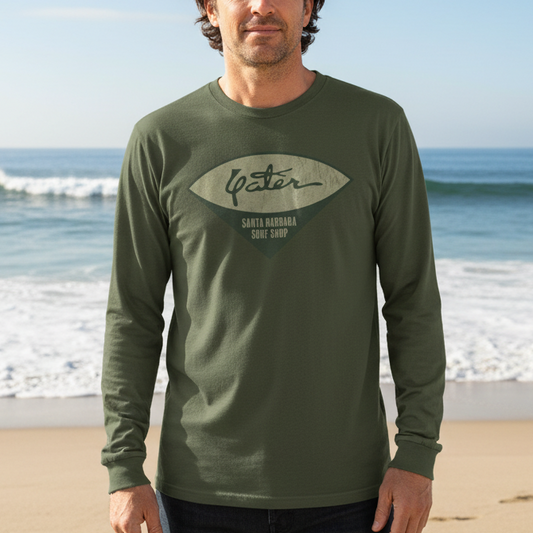 Man wearing Apocalypse Now Yater Surf Shop long-sleeve tee on California beach