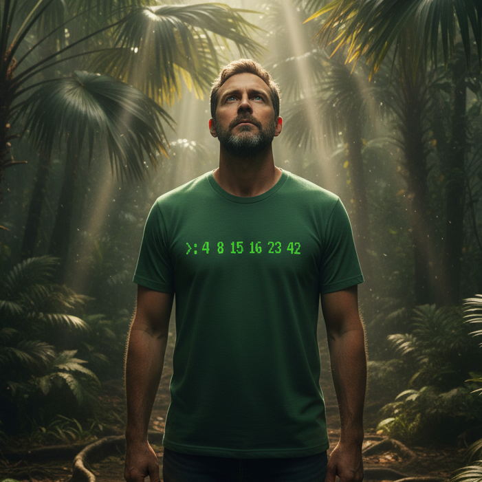 Man wearing Dharma Initiative t-shirt - hatch numbers 4 8 15 16 23 42