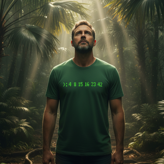 Man wearing Dharma Initiative t-shirt - hatch numbers 4 8 15 16 23 42