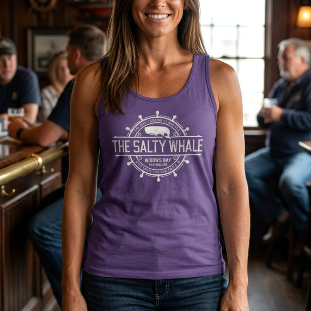 Woman in pub wearing purple garment-dyed tank top with vintage Widow's Bay The Salty Whale nautical crest design