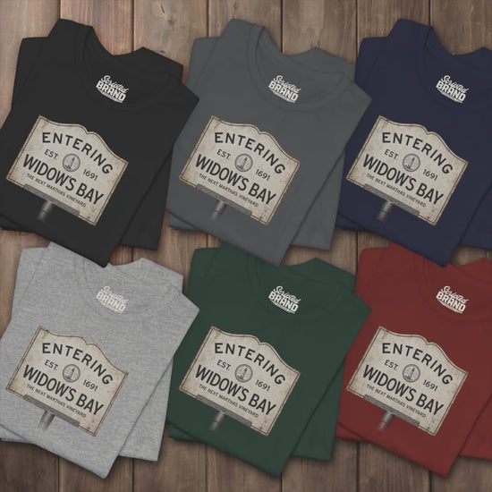 Video of 'Entering Widow's Bay' vintage town sign t-shirt inspired by Apple TV series, soft Bella+Canvas cotton New England tee
